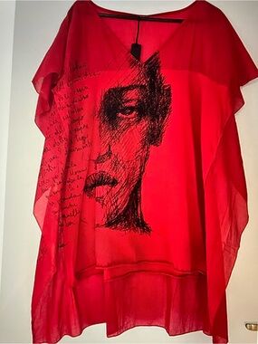 Boo Radley  Red Sheer Tunic with Artistic Face Print no writing on my item